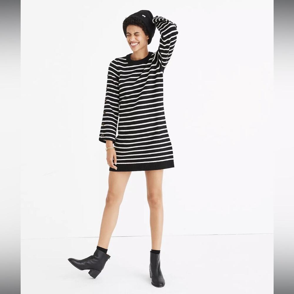 Madewell Striped Sweater Dress Button Sleeve Dress Black White Size XS $118